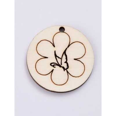 L432-Decupaj lemn rotund 3.5cm Fluturas cu floare  -1 buc