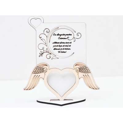 L727-Decoratiune din lemn cu rama foto inima  "Cu dragoste..."  17x15cm - 1 buc