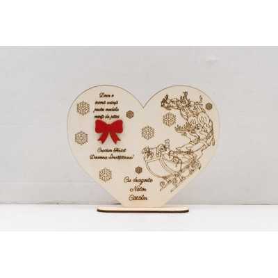 L981 -Decoratiune lemn "Inima cu suport si fundita rosie" 15x13 cm  -1 bucata