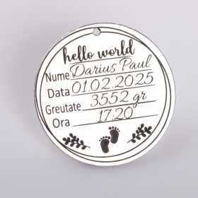 S0025-G Pandant argint pentru eveniment special Hello World cu datele de nastere 22mm