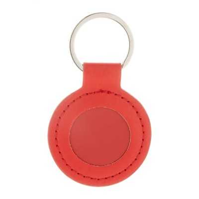 Breloc piele ecologica rosie si suprafata de inox cauciucata personalizabila