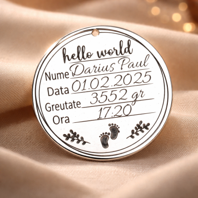 S0025-G Pandant argint pentru botez Hello World cu datele de nastere  22mm