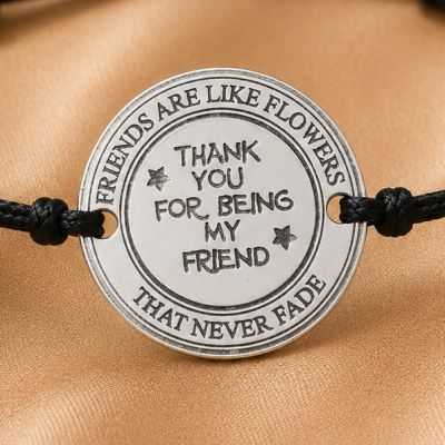 Bratara cu snur negru reglabil si banut din Argint 925 Friends Are Like Flowers 16.5 mm S0414